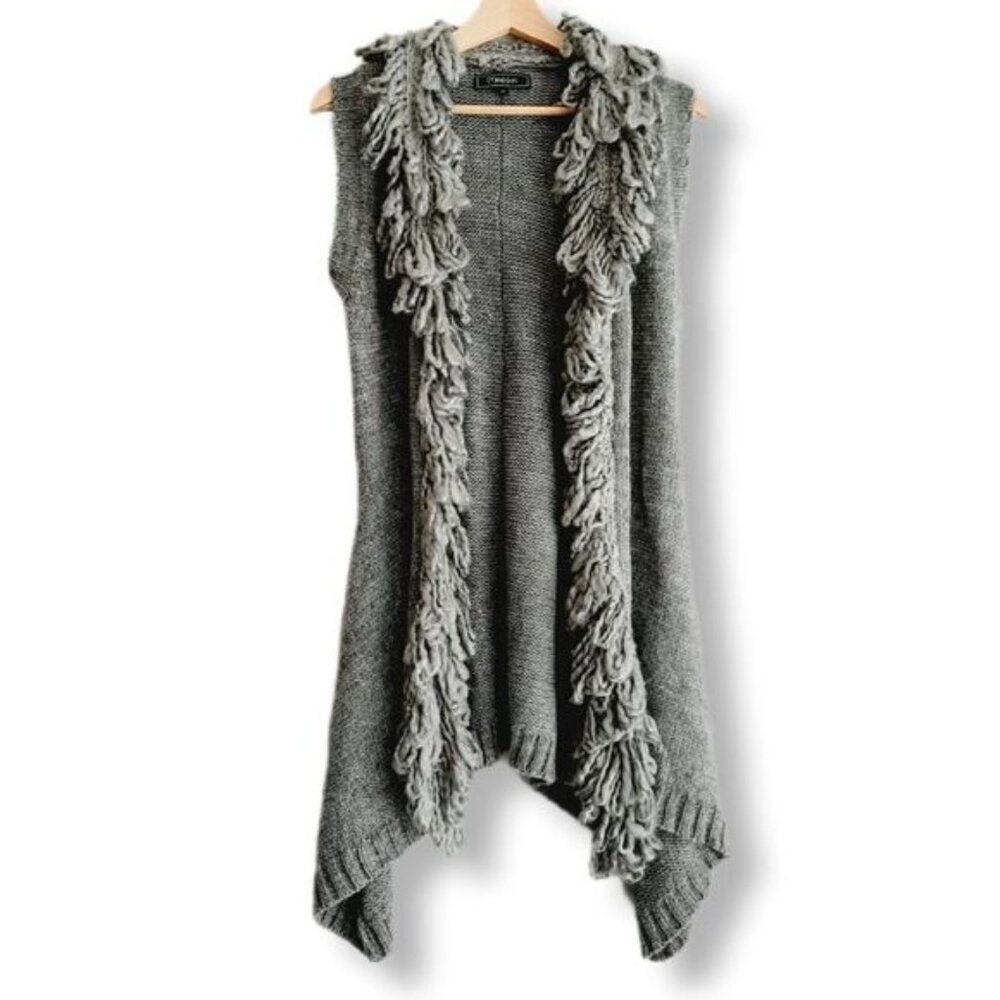MINKAS Loop Fringe Collar Open Front Knit Vest Cardigan Sz M